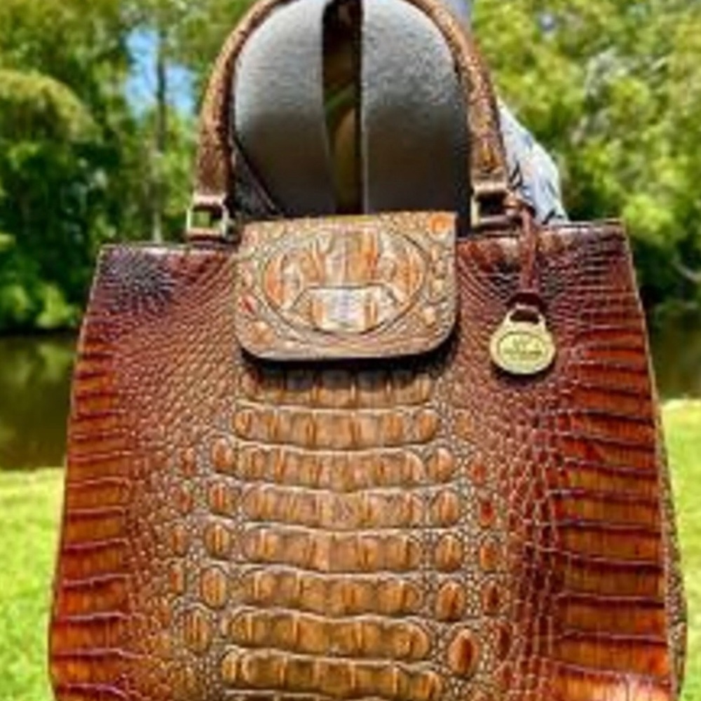 Brahmin Croc-Embossed Satchel in Rich Brown